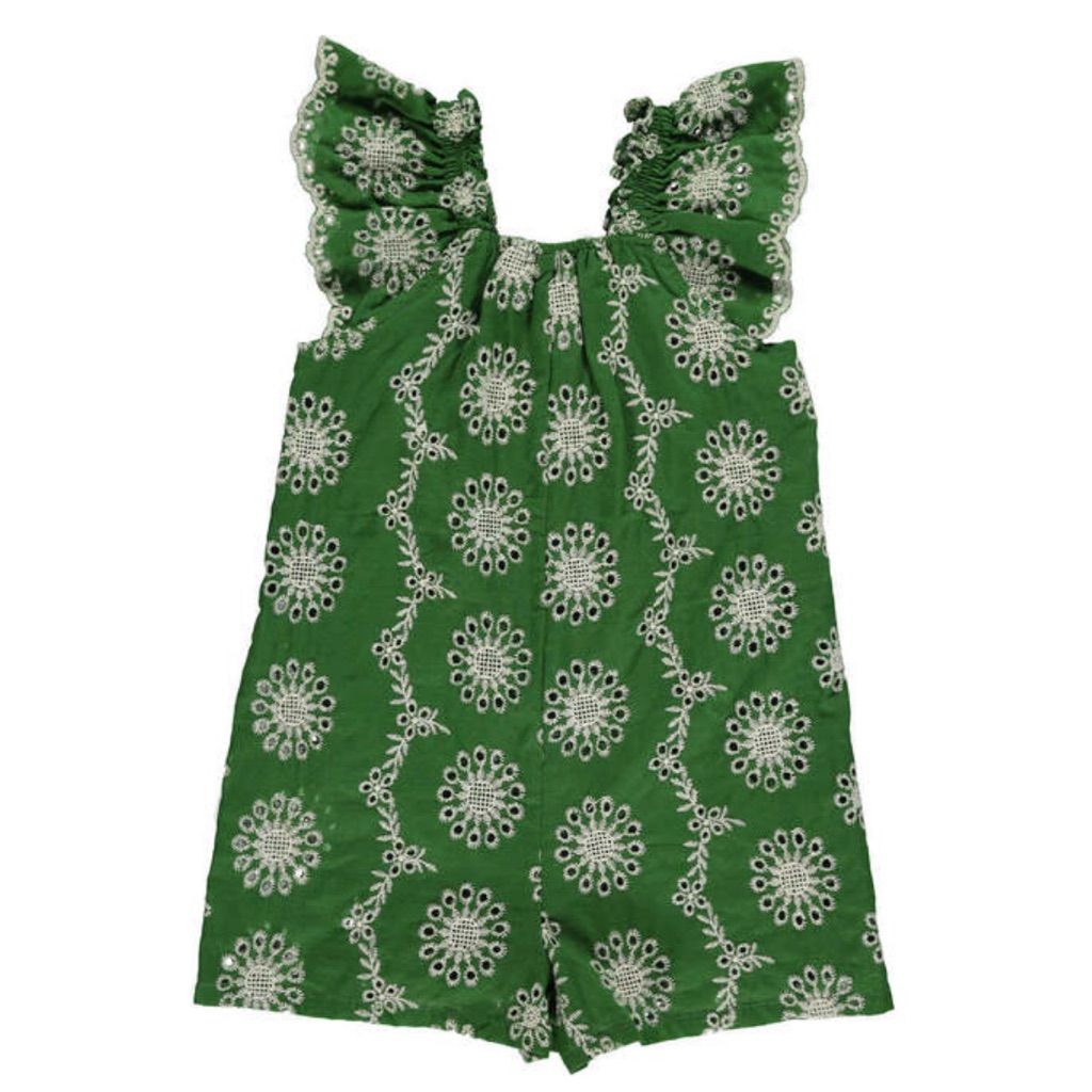 Vignette Girls Madigan Eyelet Scalloped Trim Ruffle Sleeve Romper, Green & White